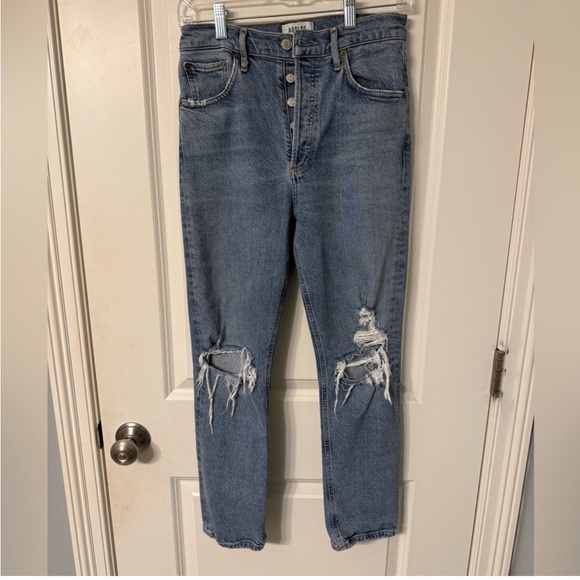 AGOLDE Riley 90s High Rise Straight Crop Distressed Button Fly Jeans size 27 EUC - Picture 2 of 5